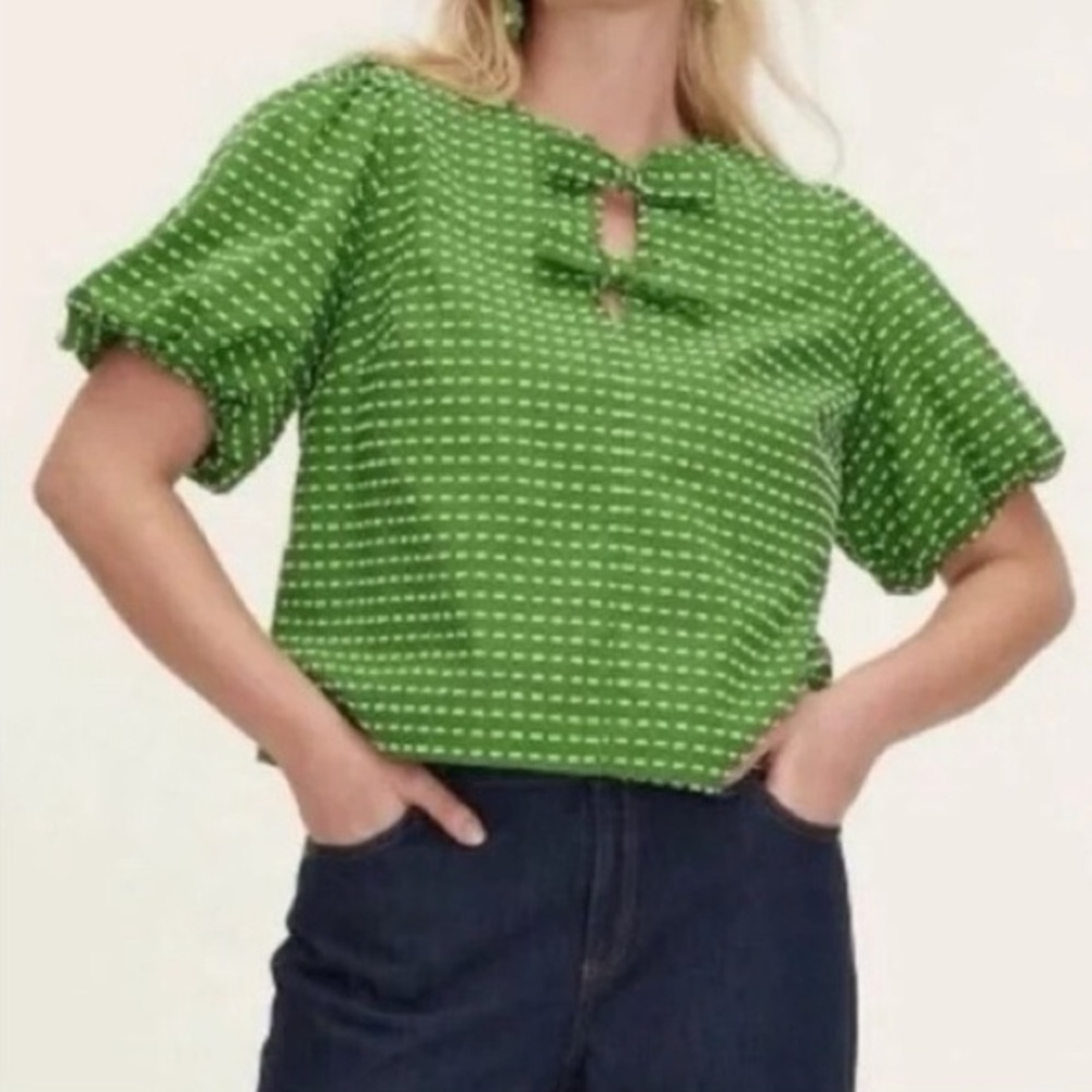 KATE SPADE x Target Green Dot Tie-Front Puff Sleeve Top Blouse Shirt XS Bow